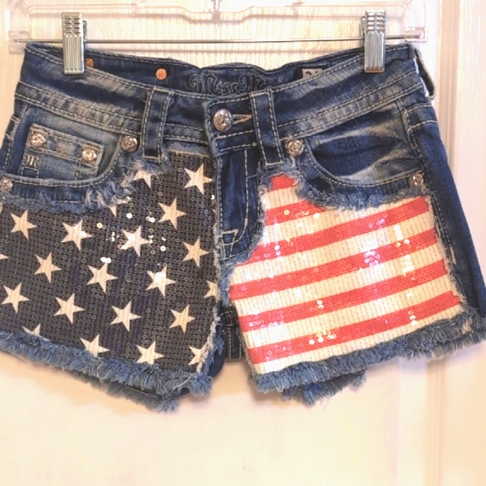 Flag Sequin Distressed Denim Shorts - Women's Blue